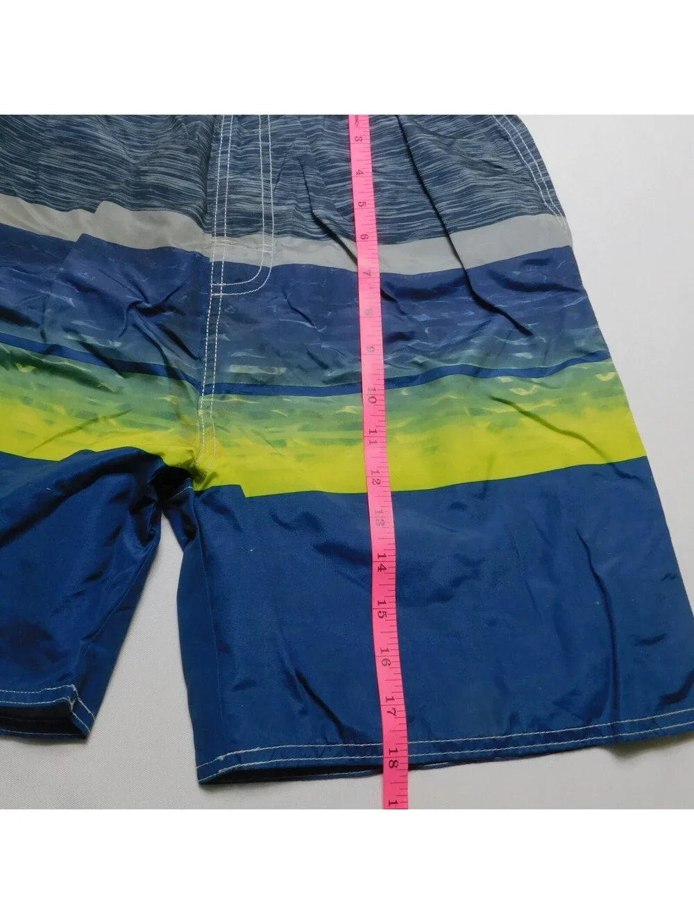 Quad Seven Boys Swim Trunks Size 12 14 Blue Lime Green Striped Bathing Suit Mes